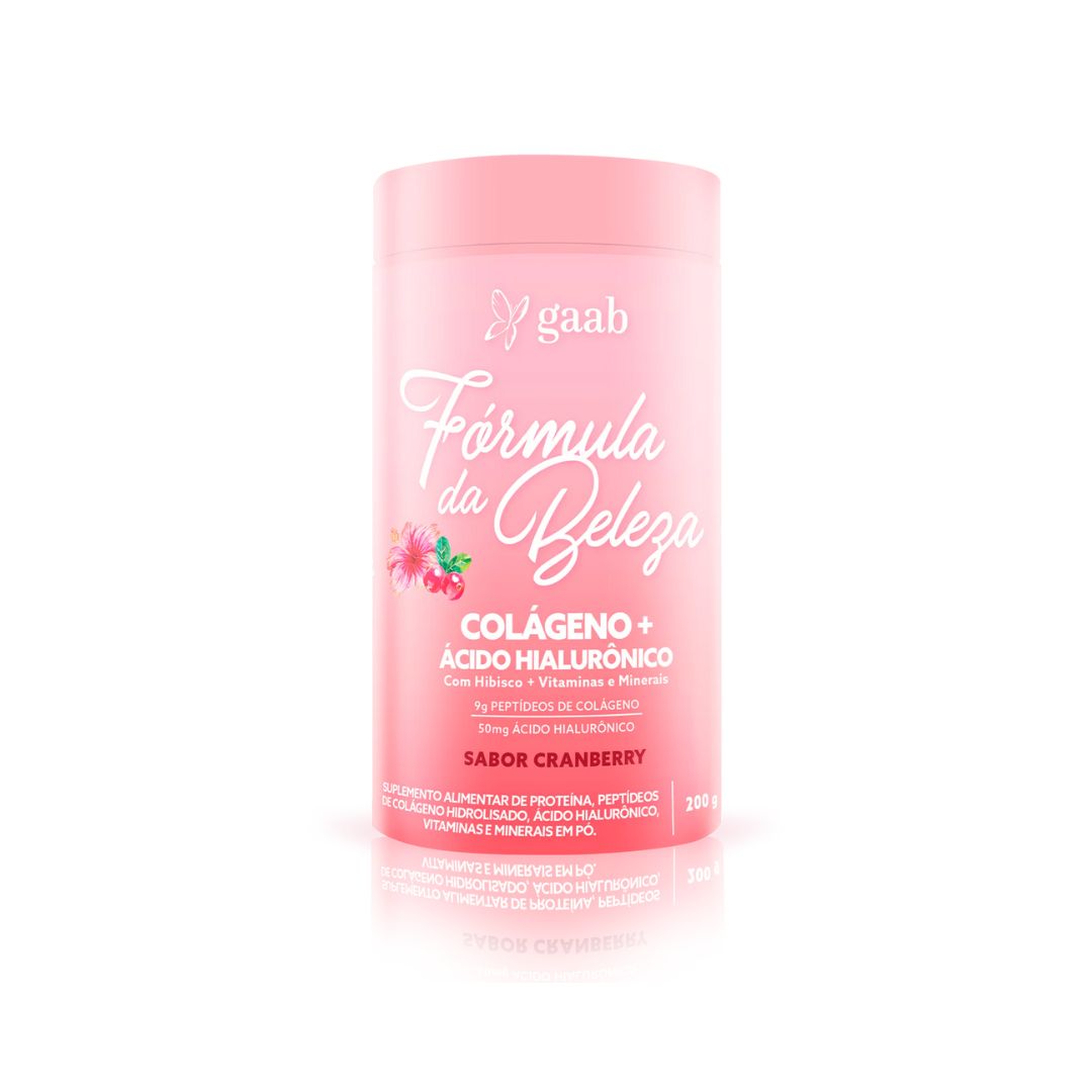 Pink container of GAAB Fórmula da Beleza Collagen+ featuring cranberry flavor, decorated with hibiscus flowers and fruit imagery.