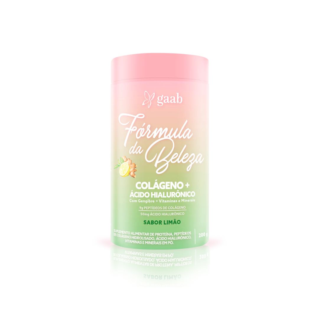 Refreshing lemon-flavored GAAB Fórmula da Beleza Collagen+ in a gradient green container adorned with a zesty lemon wedge design.