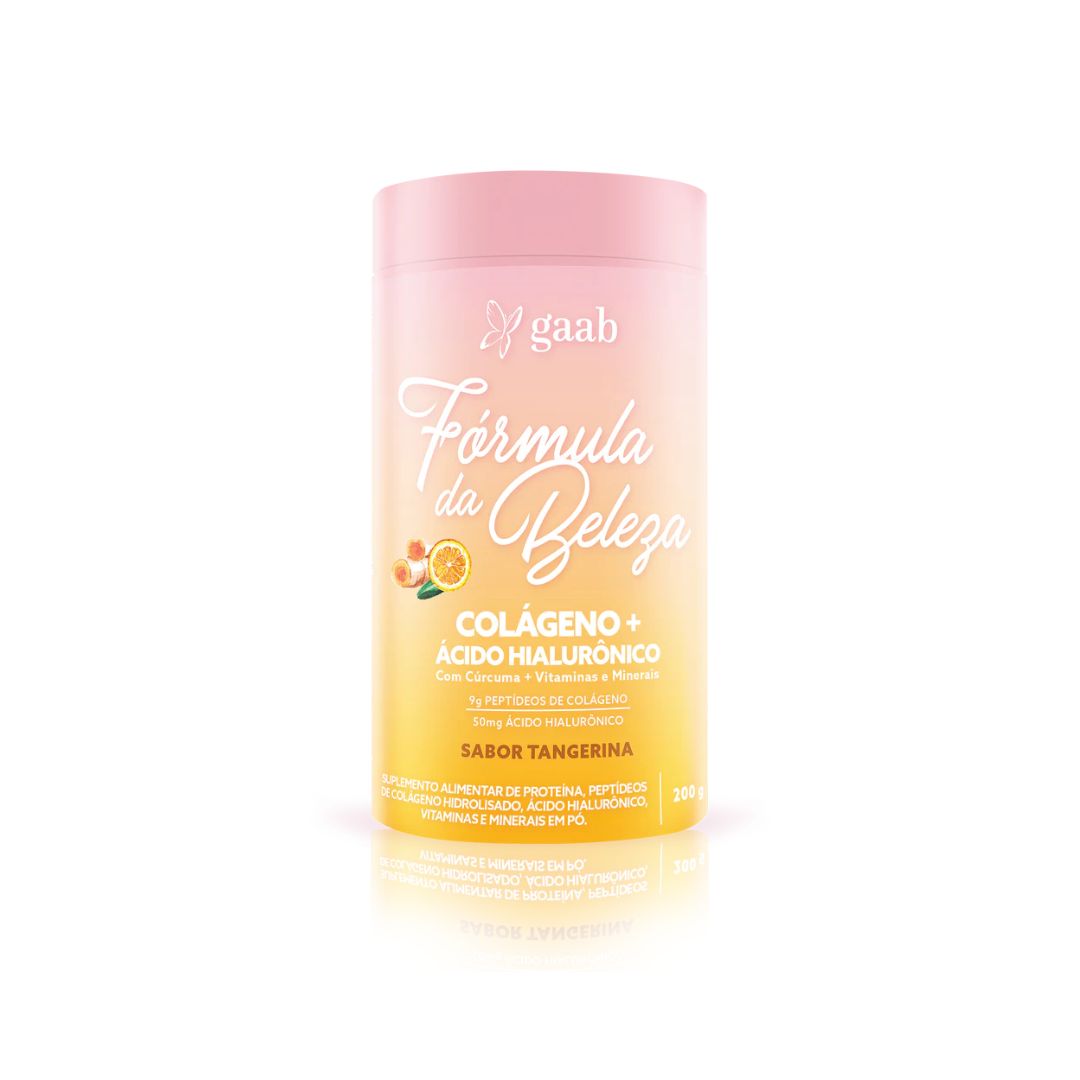 Soft orange gradient container of GAAB Fórmula da Beleza Collagen+ highlighting tangerine flavor with a fresh fruit illustration.