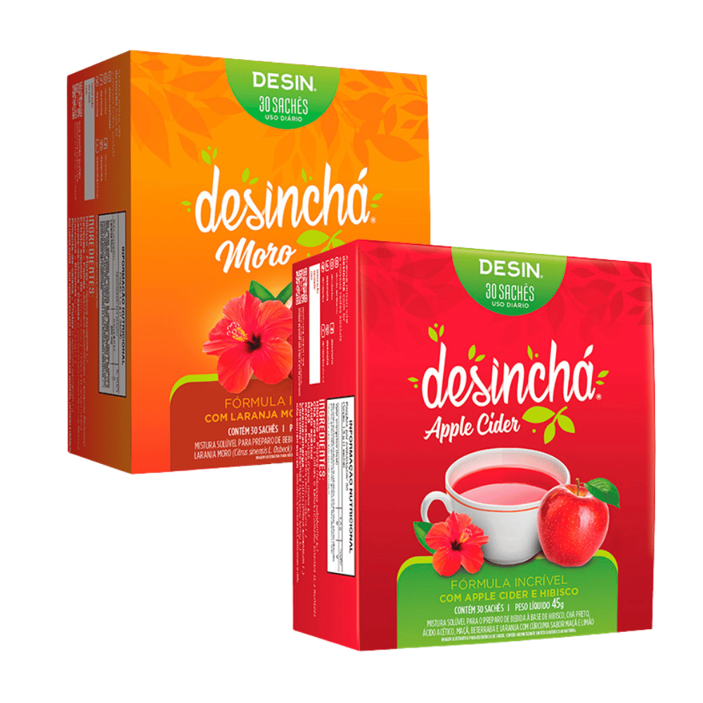 Two boxes of desinchá detox and debloat teas on a white background: 'Moro' in orange and 'Apple Cider' in red, both showing 30 tea sachets.