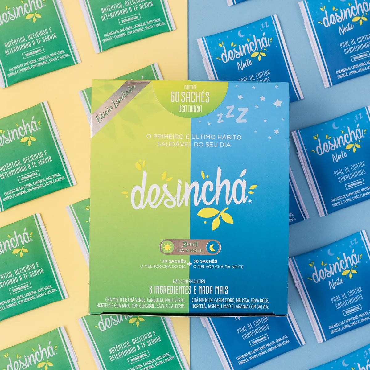 The text highlights the tea as a daily ritual, stating "The first and last healthy habit of your day," showcasing Desinchá as Brazil's choice for natural, vitality-boosting tea.