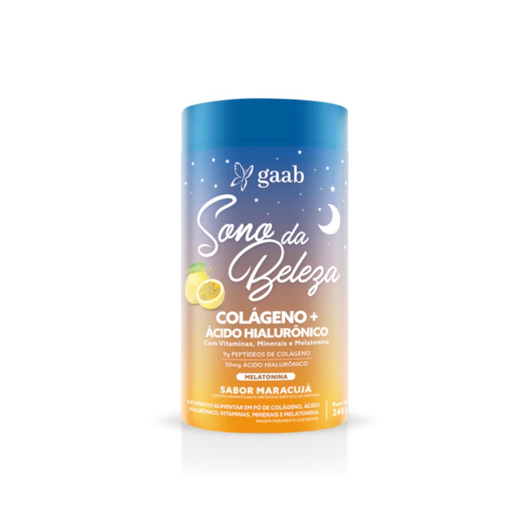 GAAB Sleep Beauty Collagen+ supplement container in a serene night-sky design, indicating passion fruit flavor with vibrant citrus graphics.