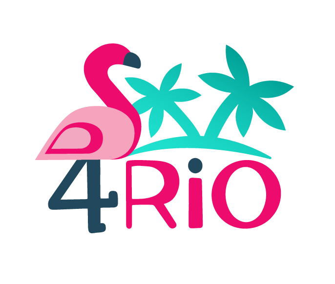 logo 4Rio - A flamingo with the legs forming a 4 and the Word RIO with palms on top