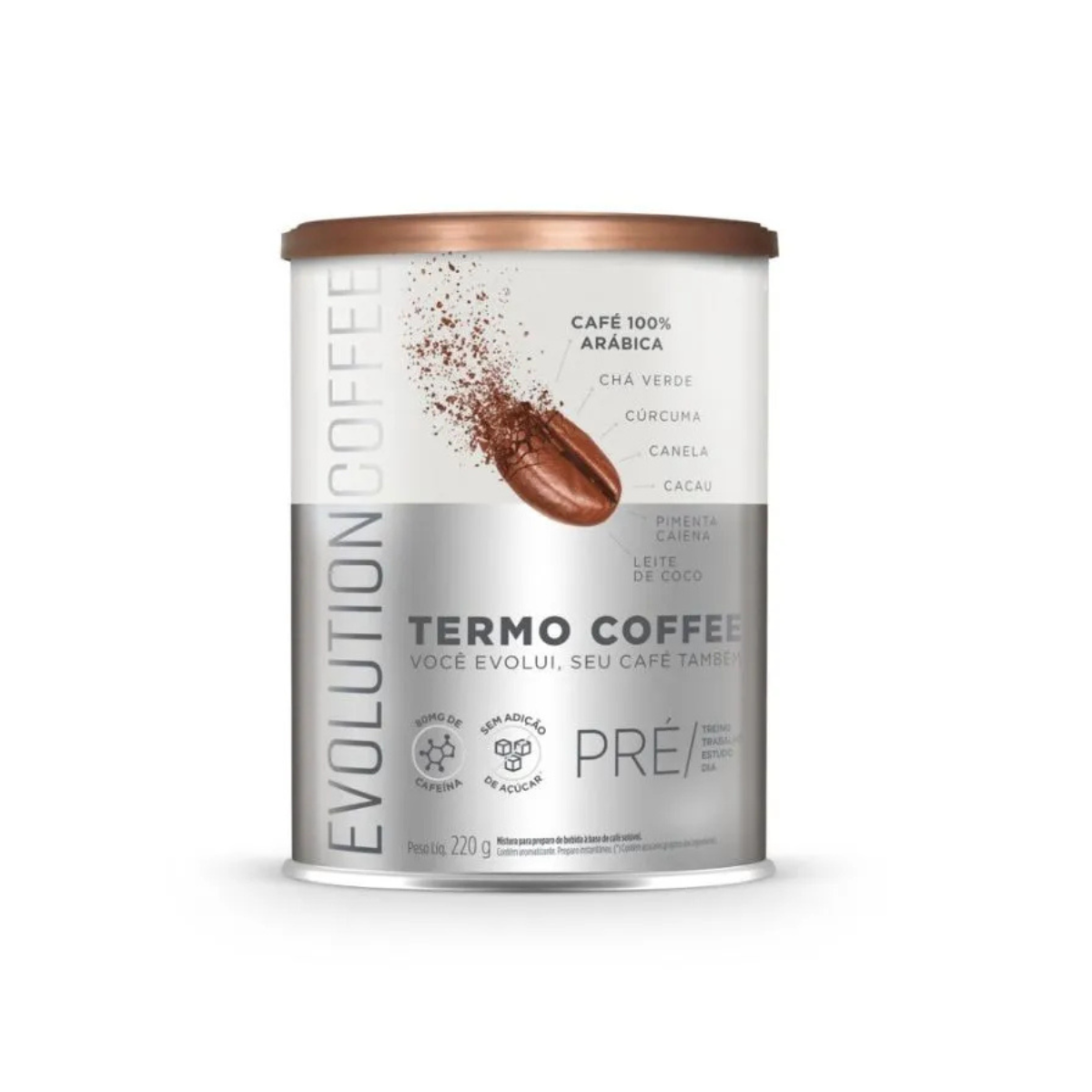 Evolution Coffee Thermo Coffee - 100% Arabica coffee with green tea, turmeric, cinnamon, cayenne pepper, and freeze-dried coconut milk. Packaging features a sleek design emphasising energy, metabolism support, and thermogenic benefits.