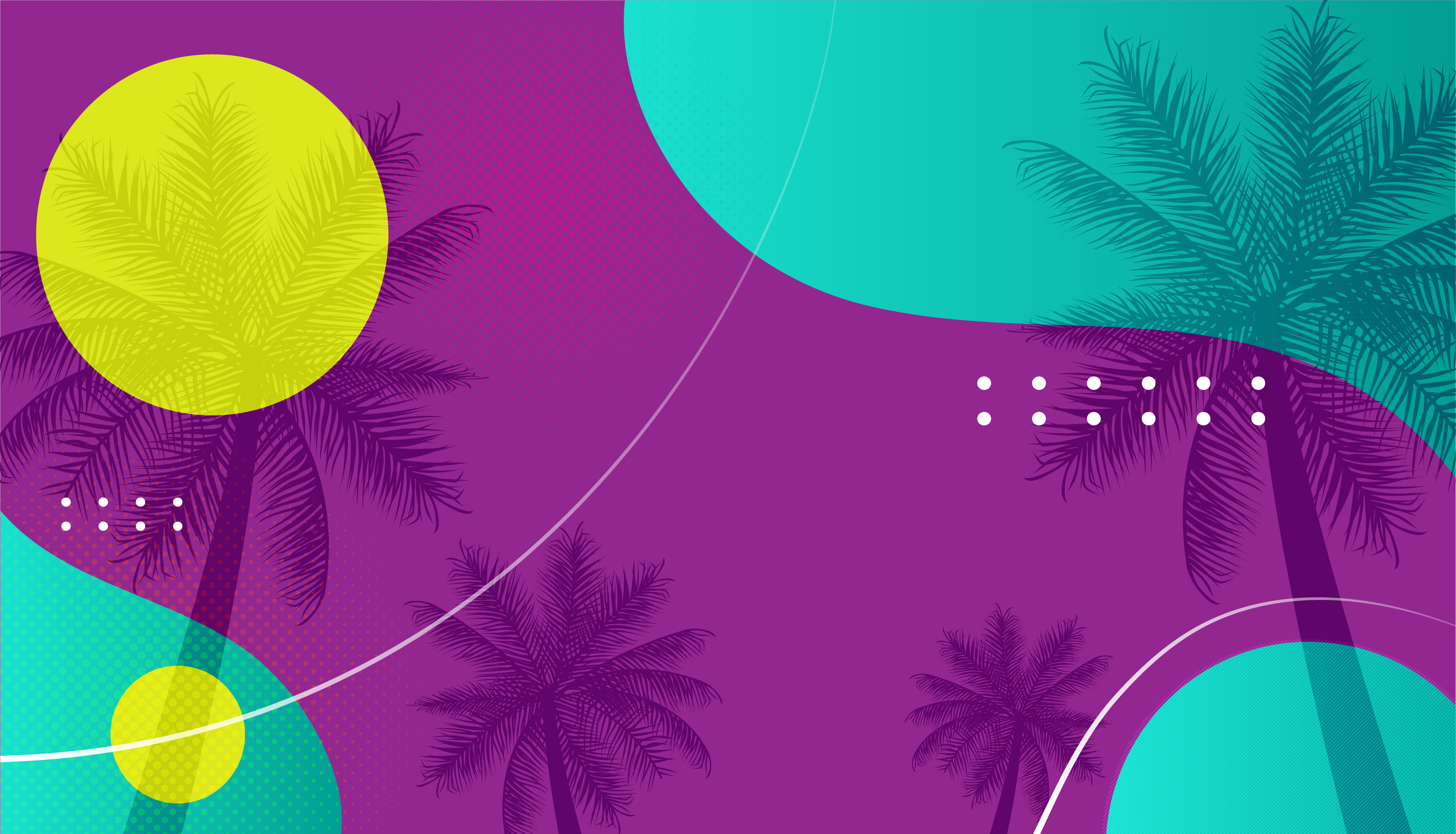 Abstract and colorful graphic banner with vibrant palm silhouettes set against a dynamic backdrop of purple and teal, embodying a bold, tropical aesthetic.