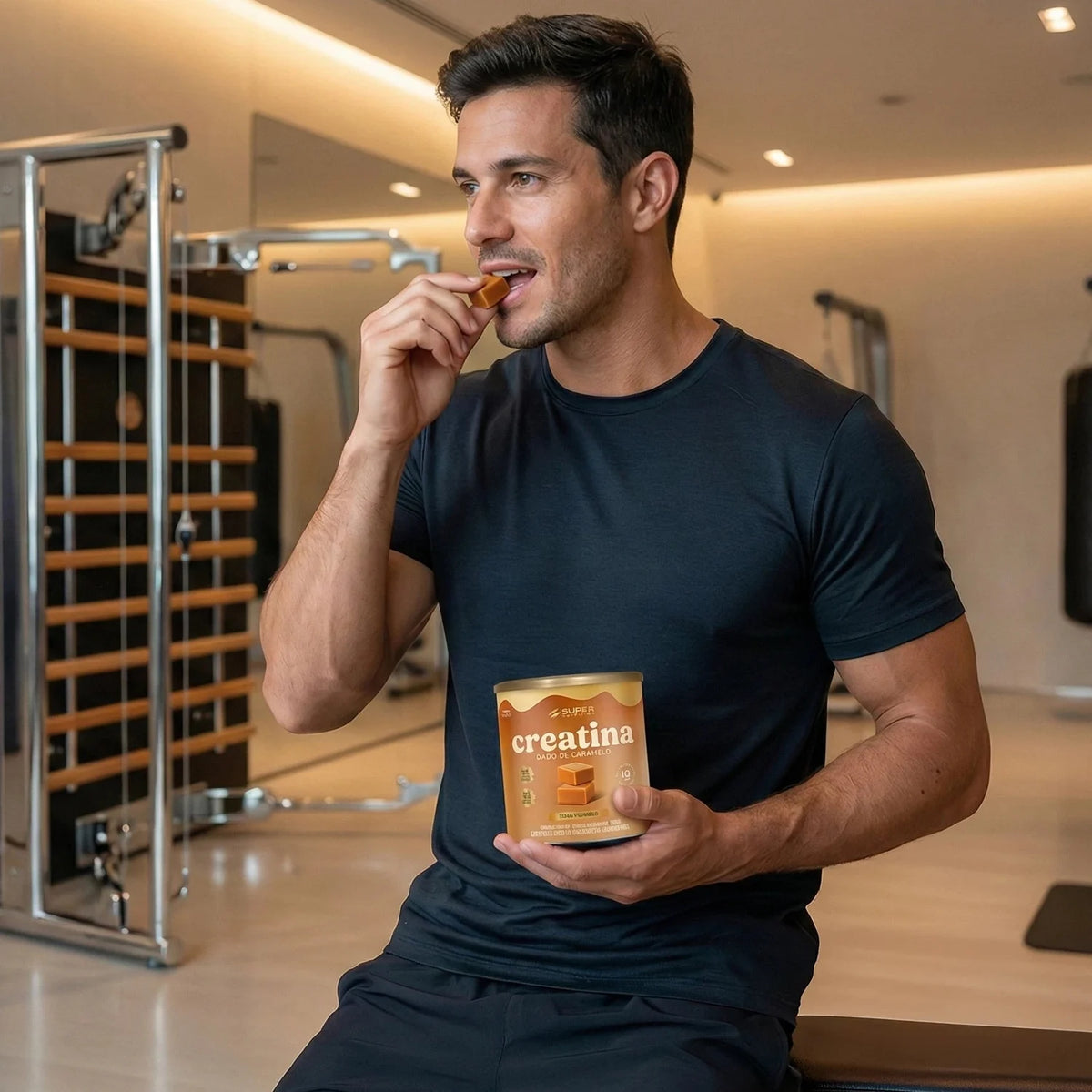 Man eating a Caramel Creatine Bite at the gym