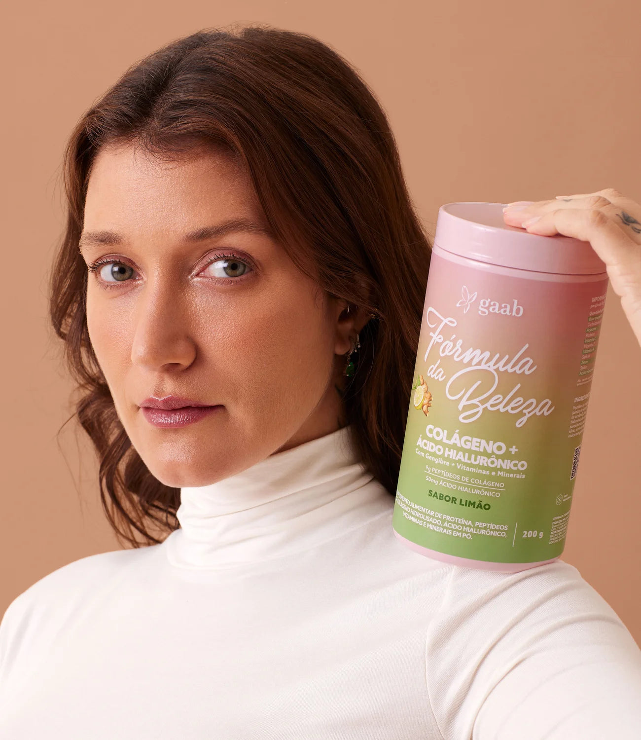 Glow mobile banner, woman holding GAAB collagen